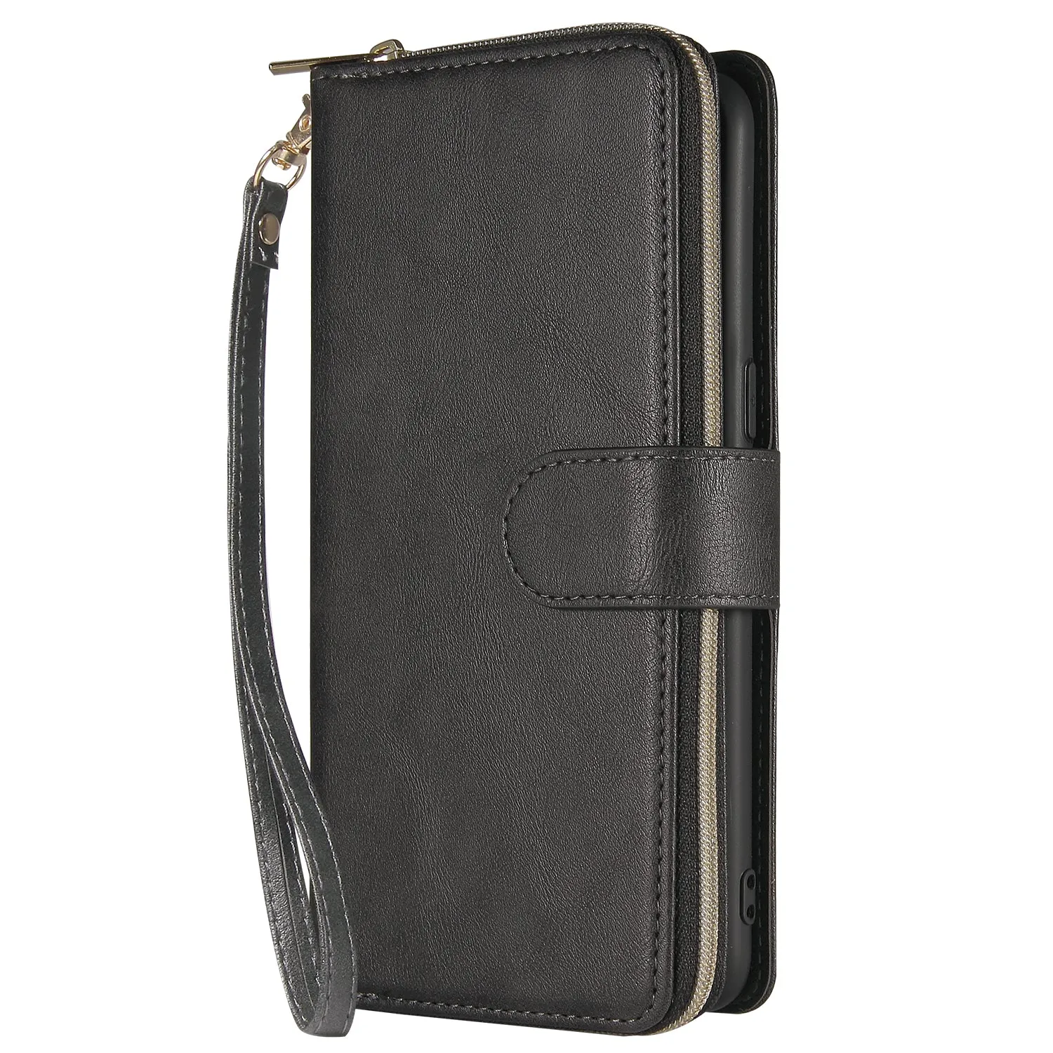 For Samsung A10/A20/A30/A50/A30S/A50S Pu Leather  Mobile Phone Cover Zipper Card Bag   Wrist Strap black