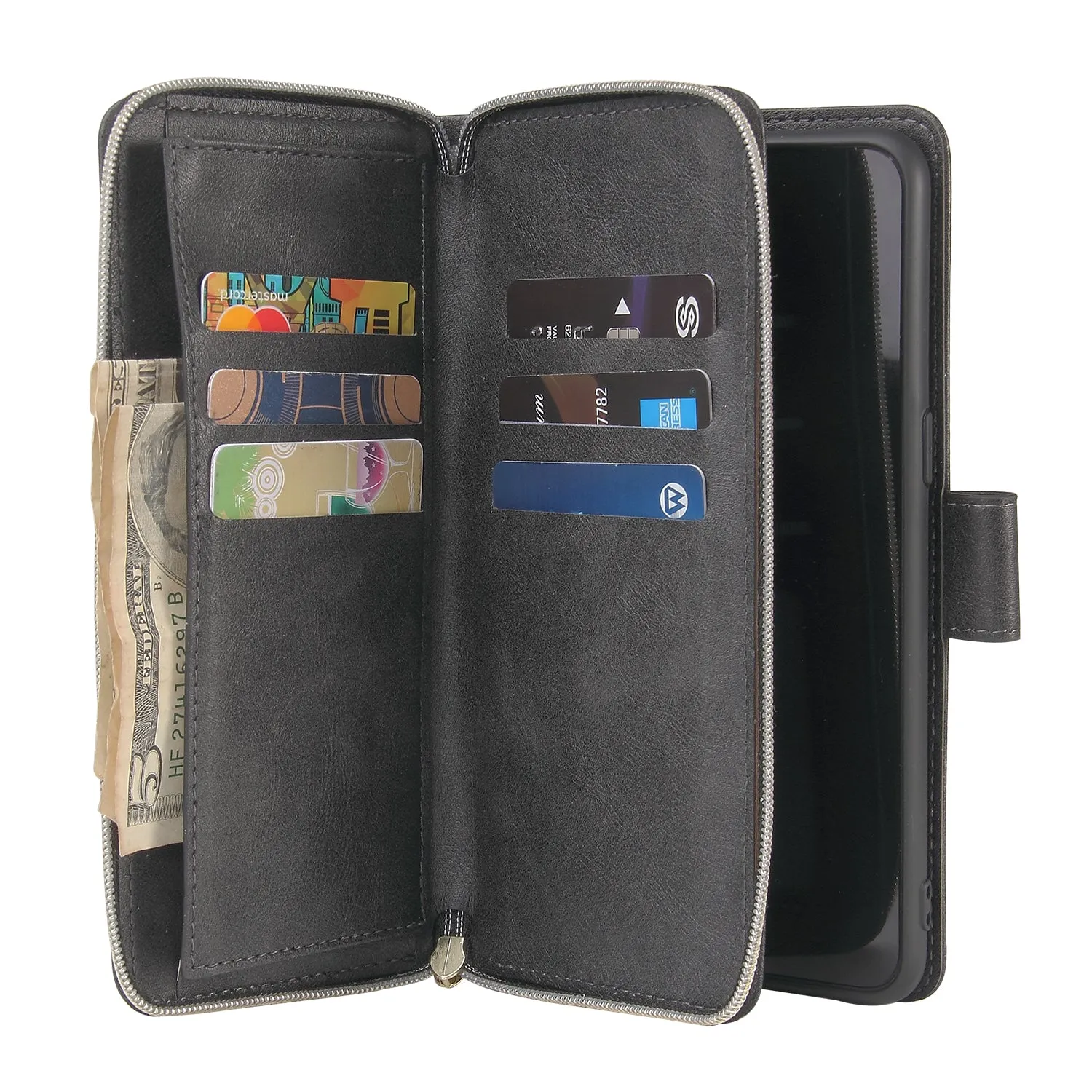 For Samsung A10/A20/A30/A50/A30S/A50S Pu Leather  Mobile Phone Cover Zipper Card Bag   Wrist Strap black