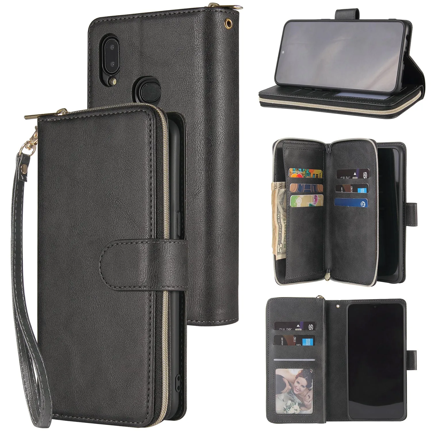 For Samsung A10/A20/A30/A50/A30S/A50S Pu Leather  Mobile Phone Cover Zipper Card Bag   Wrist Strap black