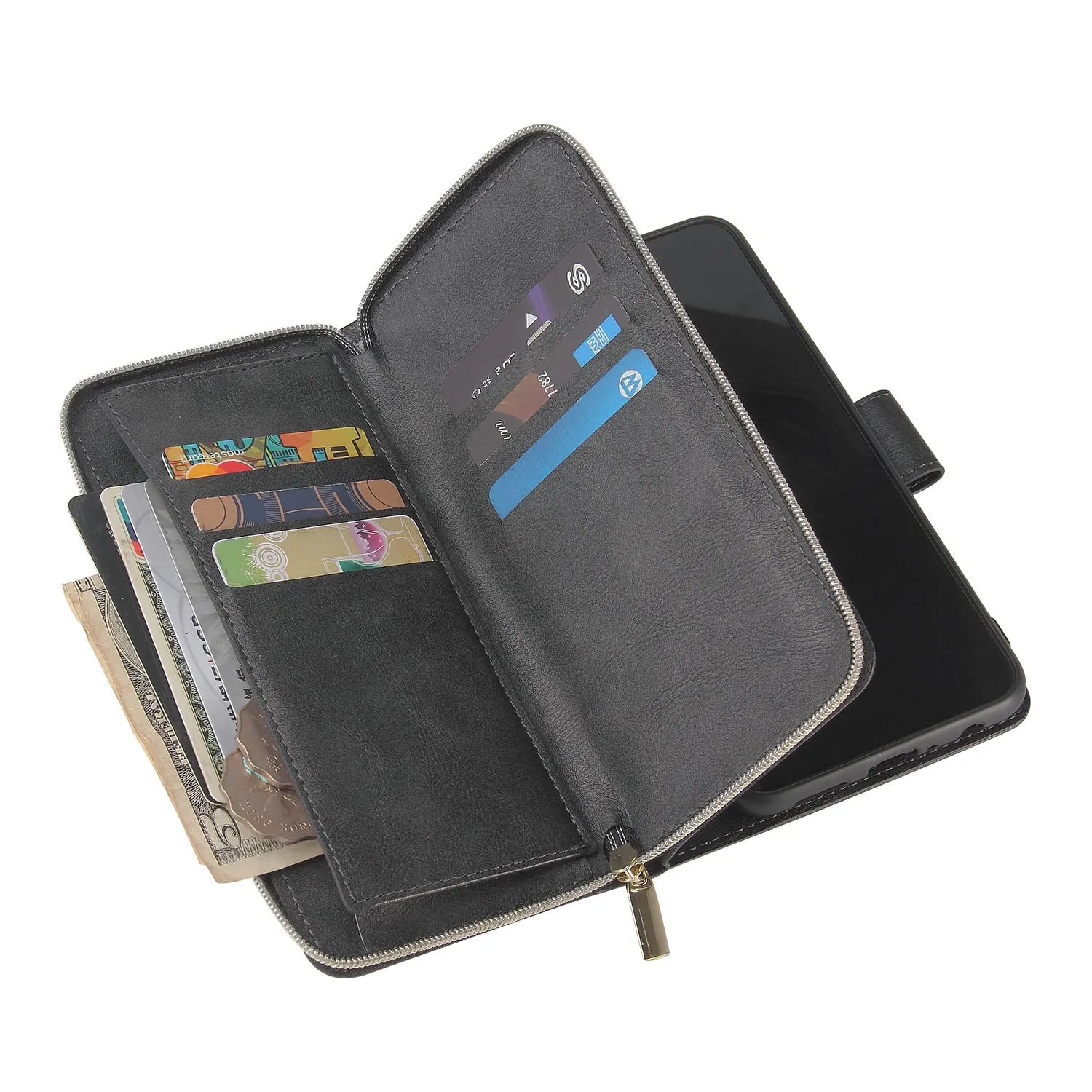 For Samsung A10/A20/A30/A50/A30S/A50S Pu Leather  Mobile Phone Cover Zipper Card Bag   Wrist Strap black