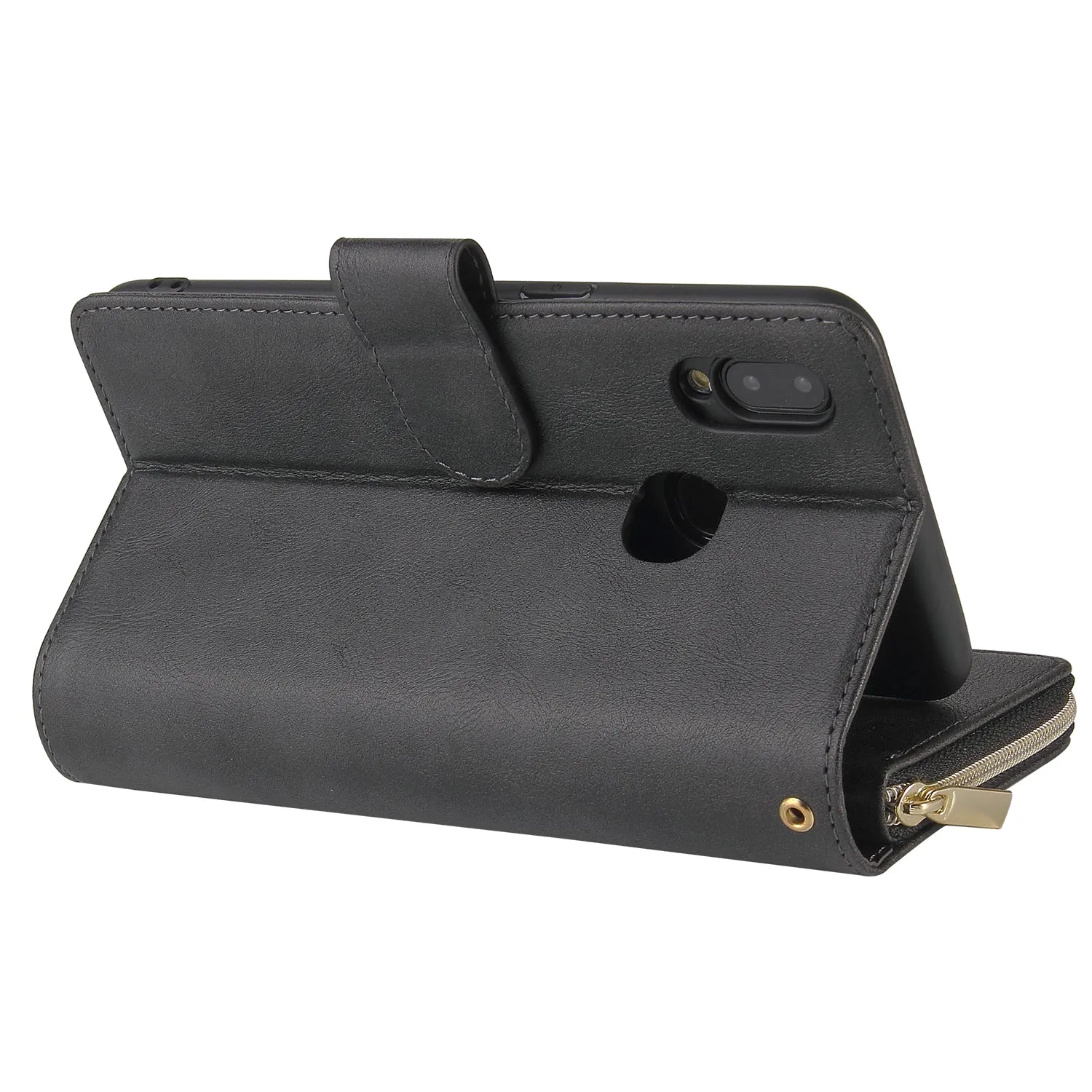 For Samsung A10/A20/A30/A50/A30S/A50S Pu Leather  Mobile Phone Cover Zipper Card Bag   Wrist Strap black