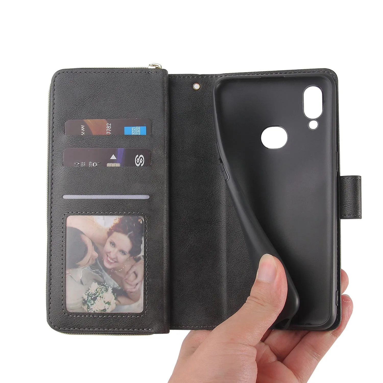For Samsung A10/A20/A30/A50/A30S/A50S Pu Leather  Mobile Phone Cover Zipper Card Bag   Wrist Strap black