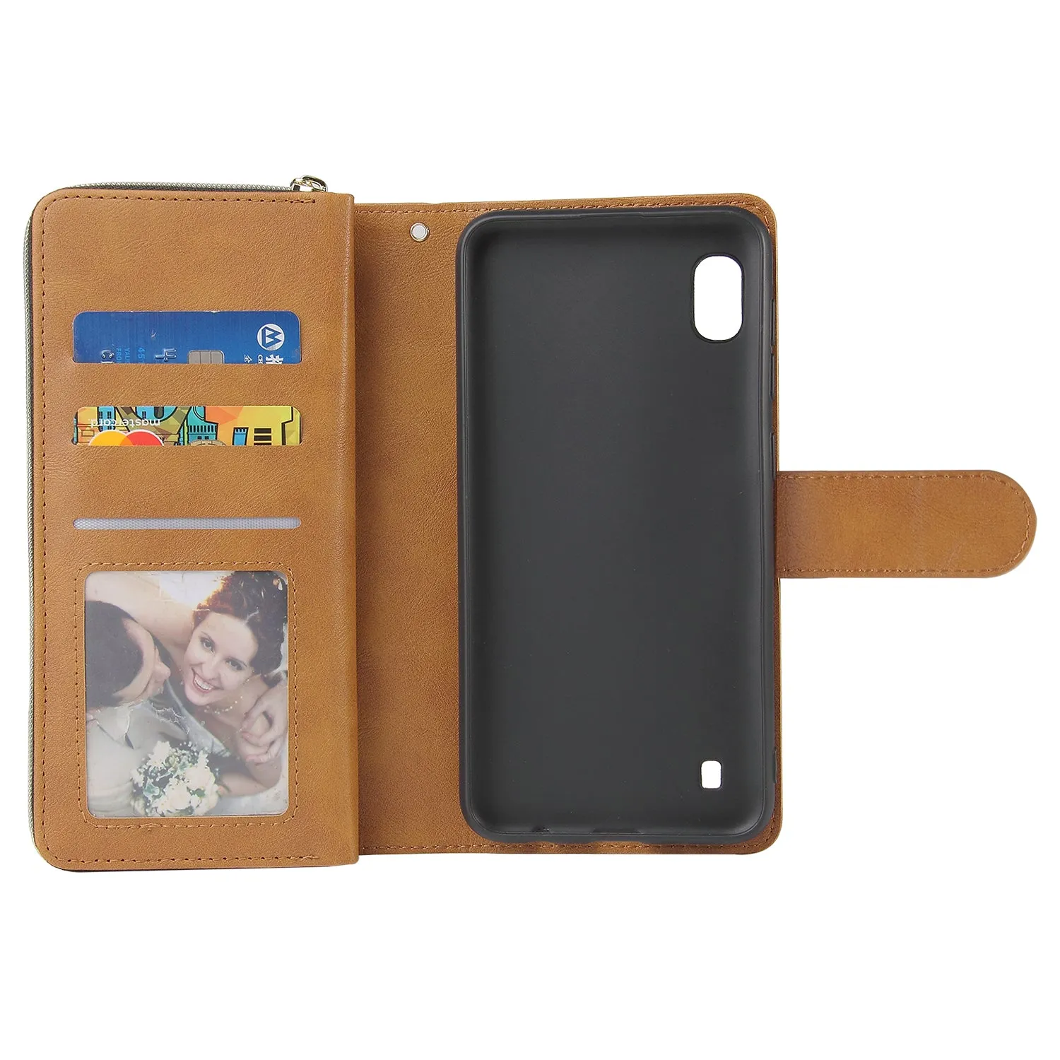 For Samsung A10/A20/A30/A50/A30S/A50S Pu Leather  Mobile Phone Cover Zipper Card Bag   Wrist Strap brown