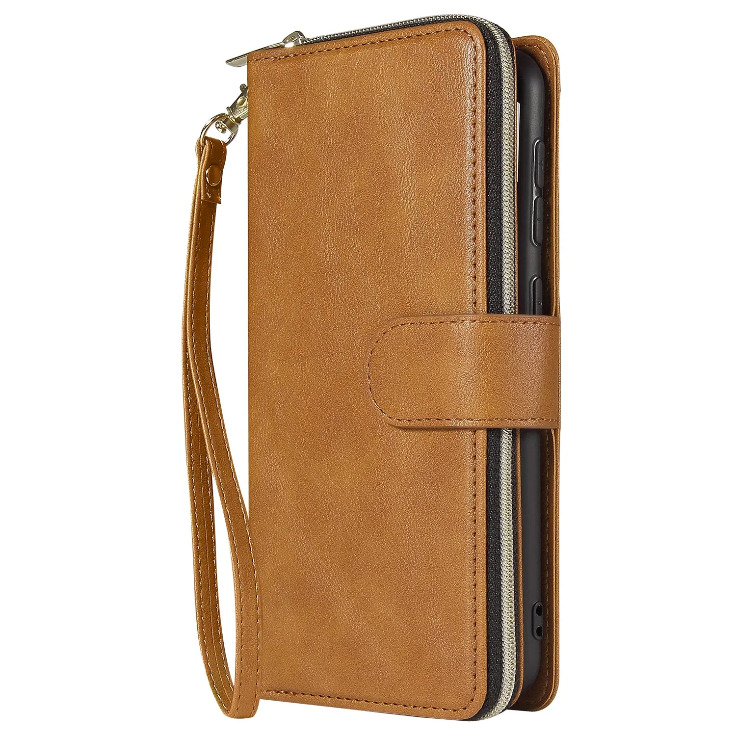 For Samsung A10/A20/A30/A50/A30S/A50S Pu Leather  Mobile Phone Cover Zipper Card Bag   Wrist Strap brown