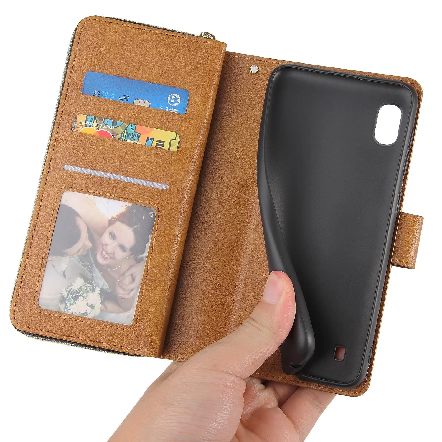 For Samsung A10/A20/A30/A50/A30S/A50S Pu Leather  Mobile Phone Cover Zipper Card Bag   Wrist Strap brown