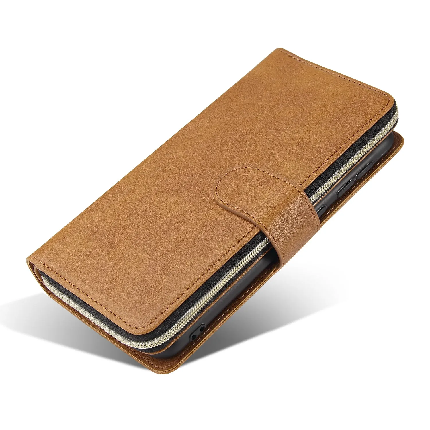 For Samsung A10/A20/A30/A50/A30S/A50S Pu Leather  Mobile Phone Cover Zipper Card Bag   Wrist Strap brown