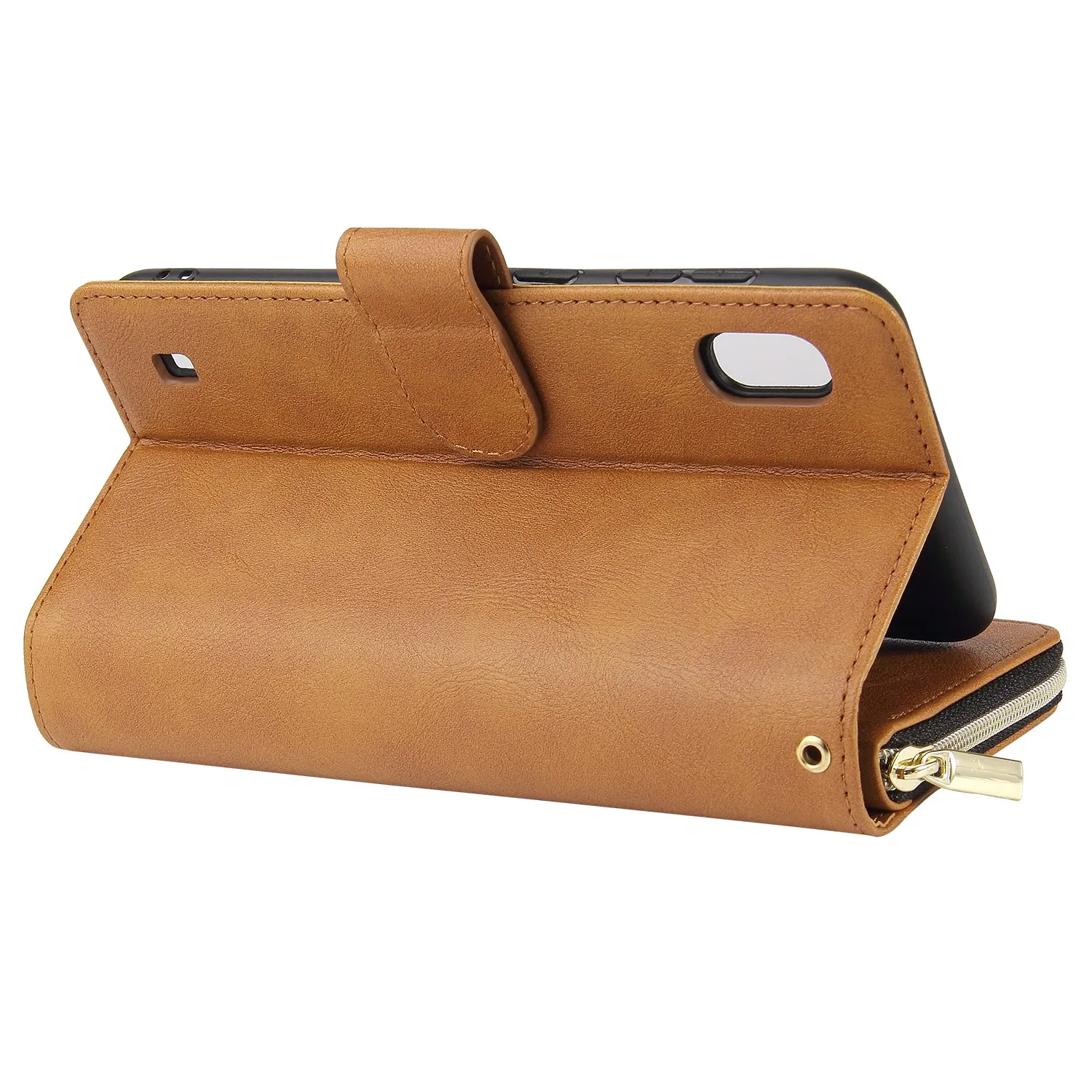 For Samsung A10/A20/A30/A50/A30S/A50S Pu Leather  Mobile Phone Cover Zipper Card Bag   Wrist Strap brown