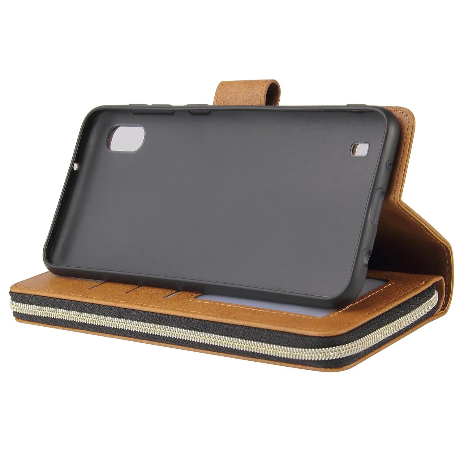 For Samsung A10/A20/A30/A50/A30S/A50S Pu Leather  Mobile Phone Cover Zipper Card Bag   Wrist Strap brown