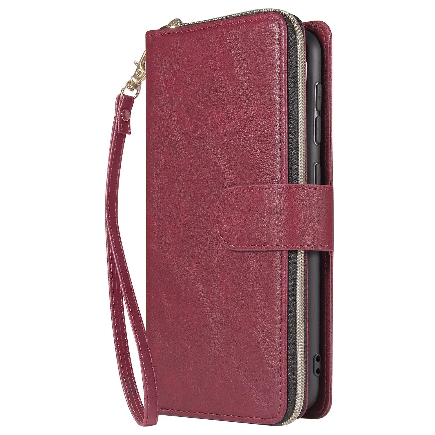 For Samsung A10/A20/A30/A50/A30S/A50S Pu Leather  Mobile Phone Cover Zipper Card Bag   Wrist Strap Red wine