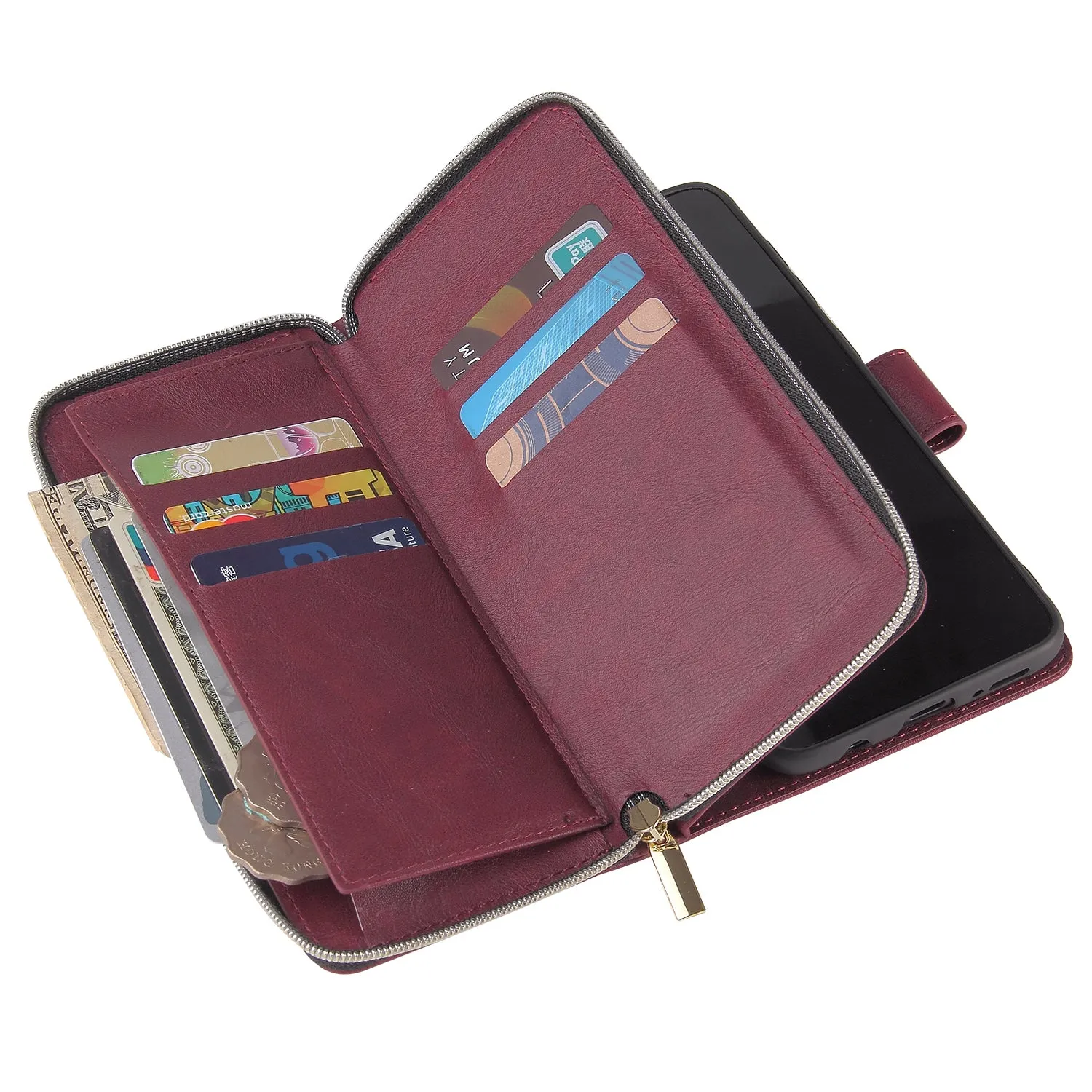 For Samsung A10/A20/A30/A50/A30S/A50S Pu Leather  Mobile Phone Cover Zipper Card Bag   Wrist Strap Red wine