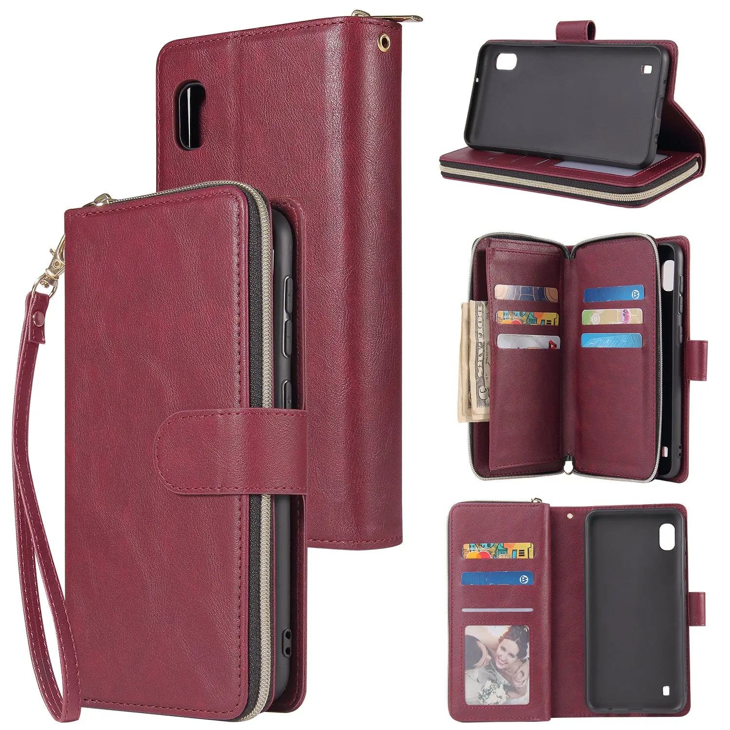 For Samsung A10/A20/A30/A50/A30S/A50S Pu Leather  Mobile Phone Cover Zipper Card Bag   Wrist Strap Red wine