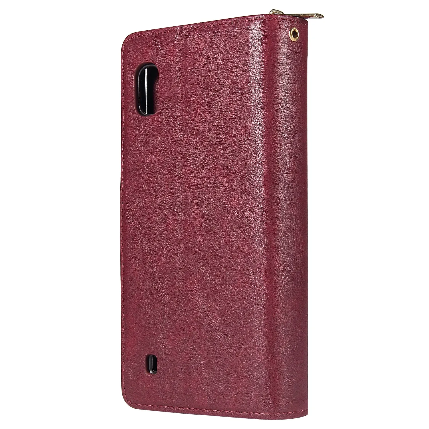 For Samsung A10/A20/A30/A50/A30S/A50S Pu Leather  Mobile Phone Cover Zipper Card Bag   Wrist Strap Red wine