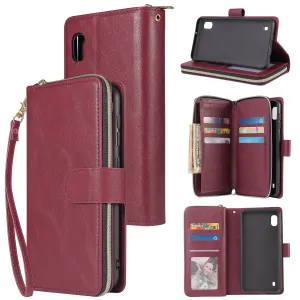For Samsung A10/A20/A30/A50/A30S/A50S Pu Leather  Mobile Phone Cover Zipper Card Bag   Wrist Strap Red wine