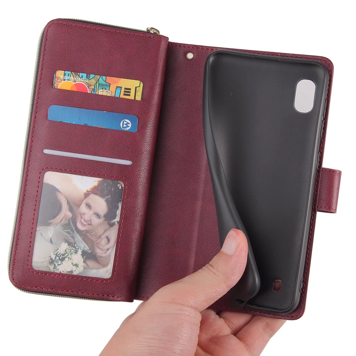 For Samsung A10/A20/A30/A50/A30S/A50S Pu Leather  Mobile Phone Cover Zipper Card Bag   Wrist Strap Red wine