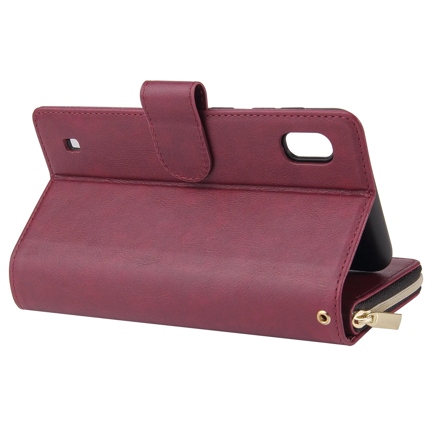 For Samsung A10/A20/A30/A50/A30S/A50S Pu Leather  Mobile Phone Cover Zipper Card Bag   Wrist Strap Red wine