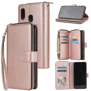 For Samsung A10/A20/A30/A50/A30S/A50S Pu Leather  Mobile Phone Cover Zipper Card Bag   Wrist Strap Rose gold