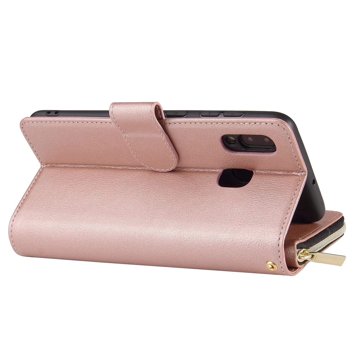 For Samsung A10/A20/A30/A50/A30S/A50S Pu Leather  Mobile Phone Cover Zipper Card Bag   Wrist Strap Rose gold