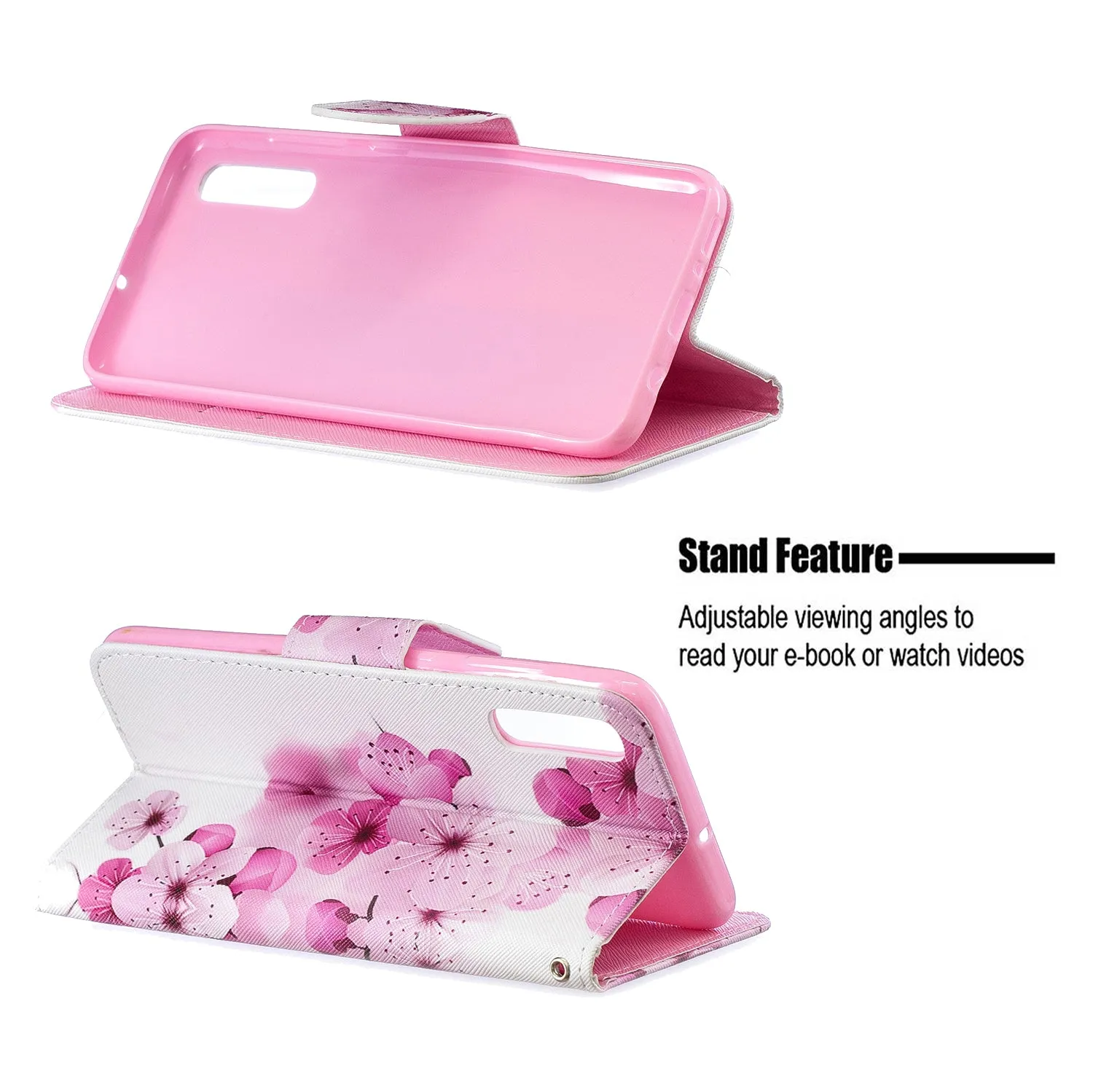 For Samsung A50/A70 Smartphone Case Overall Protective Phone Shell Lovely PU Leather Cellphone Cover with Card Slots  peach blossom