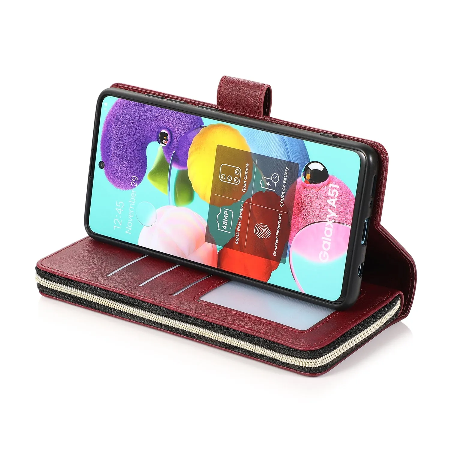 For Samsung A51 5G/A71 5G/Note 10 pro Pu Leather  Mobile Phone Cover Zipper Card Bag   Wrist Strap Red wine