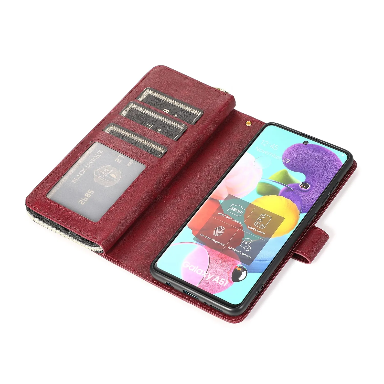 For Samsung A51 5G/A71 5G/Note 10 pro Pu Leather  Mobile Phone Cover Zipper Card Bag   Wrist Strap Red wine