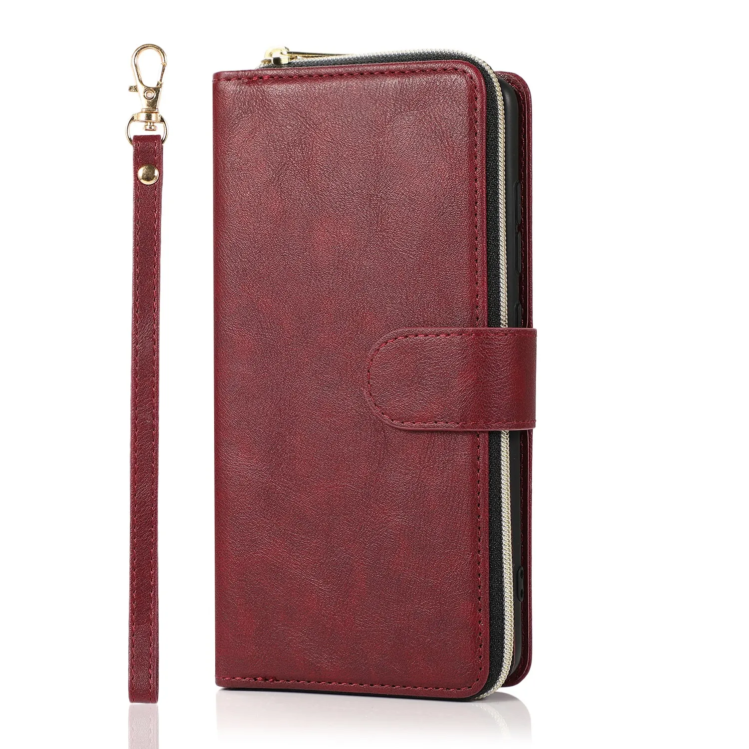 For Samsung A51 5G/A71 5G/Note 10 pro Pu Leather  Mobile Phone Cover Zipper Card Bag   Wrist Strap Red wine