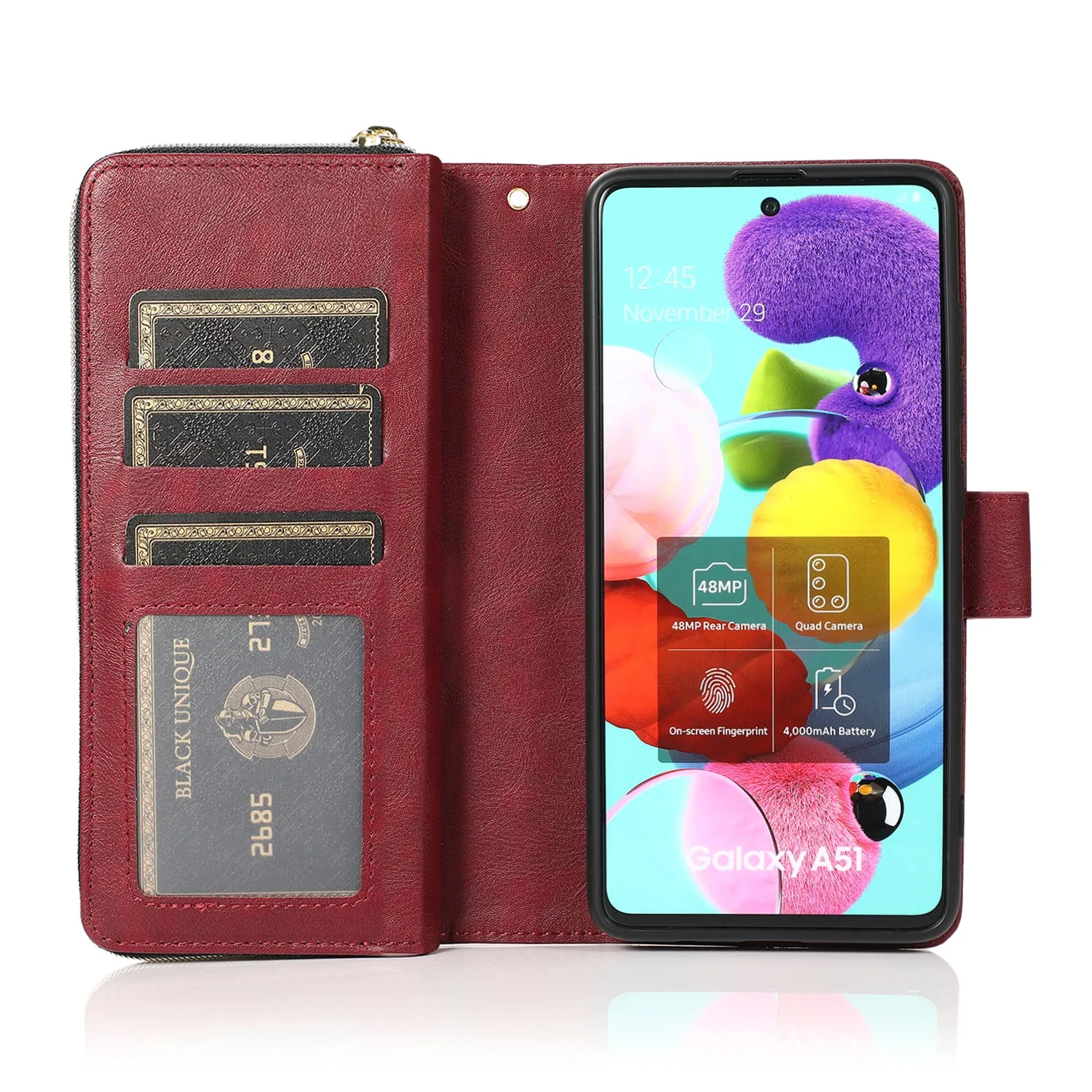 For Samsung A51 5G/A71 5G/Note 10 pro Pu Leather  Mobile Phone Cover Zipper Card Bag   Wrist Strap Red wine