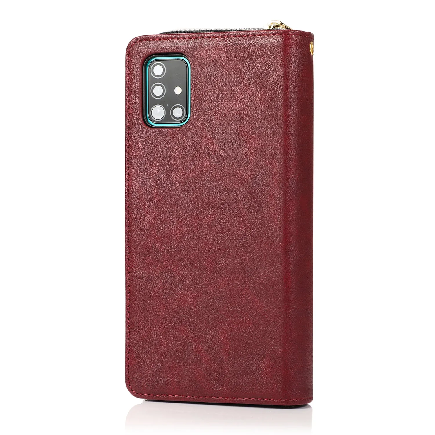 For Samsung A51 5G/A71 5G/Note 10 pro Pu Leather  Mobile Phone Cover Zipper Card Bag   Wrist Strap Red wine