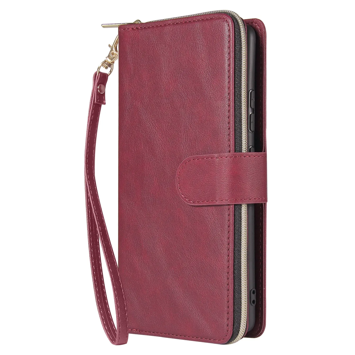 For Samsung S10/S20/S10E/ S10 Plus Pu Leather  Mobile Phone Cover Zipper Card Bag   Wrist Strap Red wine