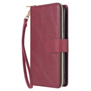 For Samsung S10/S20/S10E/ S10 Plus Pu Leather  Mobile Phone Cover Zipper Card Bag   Wrist Strap Red wine