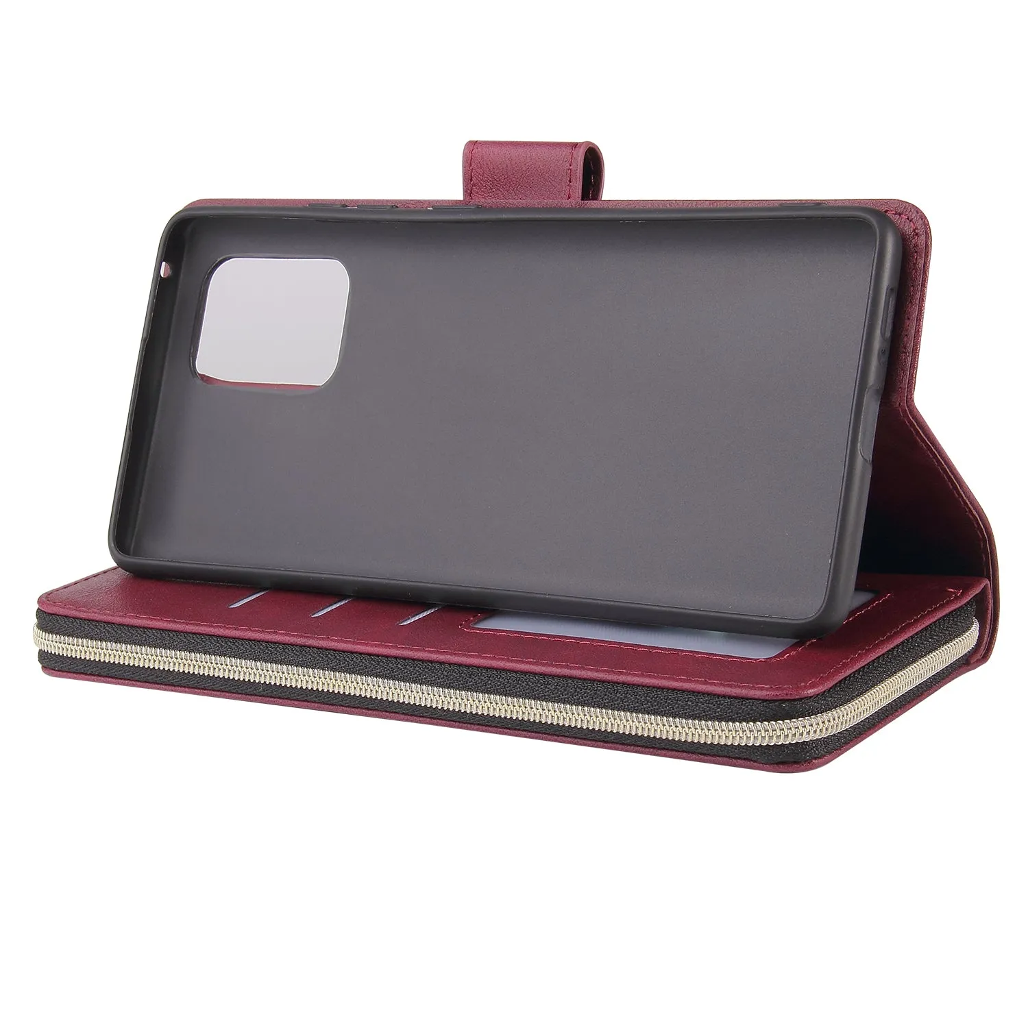 For Samsung S10/S20/S10E/ S10 Plus Pu Leather  Mobile Phone Cover Zipper Card Bag   Wrist Strap Red wine