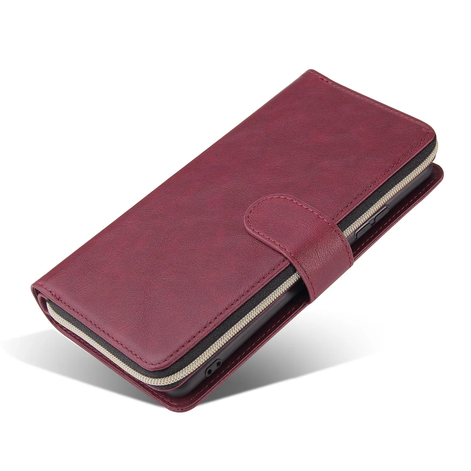 For Samsung S10/S20/S10E/ S10 Plus Pu Leather  Mobile Phone Cover Zipper Card Bag   Wrist Strap Red wine