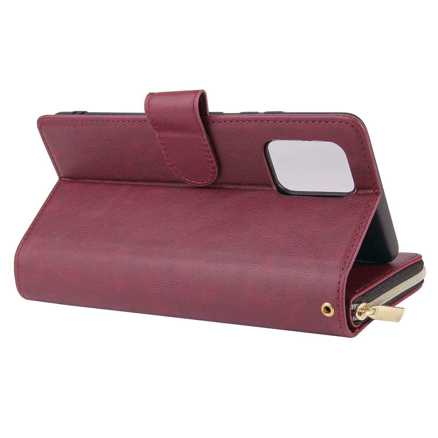 For Samsung S10/S20/S10E/ S10 Plus Pu Leather  Mobile Phone Cover Zipper Card Bag   Wrist Strap Red wine