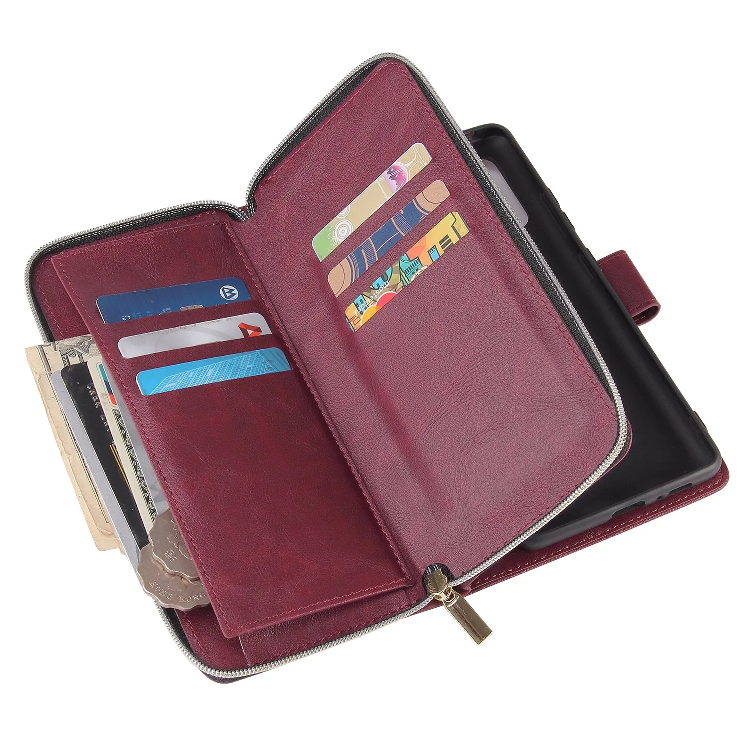 For Samsung S10/S20/S10E/ S10 Plus Pu Leather  Mobile Phone Cover Zipper Card Bag   Wrist Strap Red wine