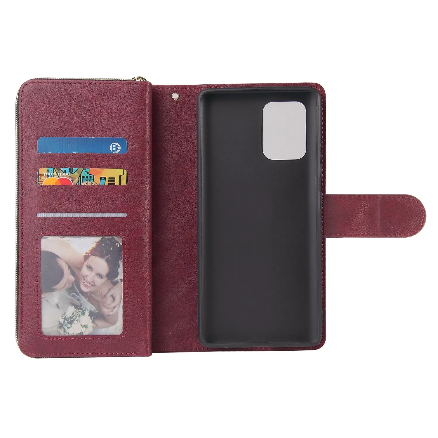 For Samsung S10/S20/S10E/ S10 Plus Pu Leather  Mobile Phone Cover Zipper Card Bag   Wrist Strap Red wine