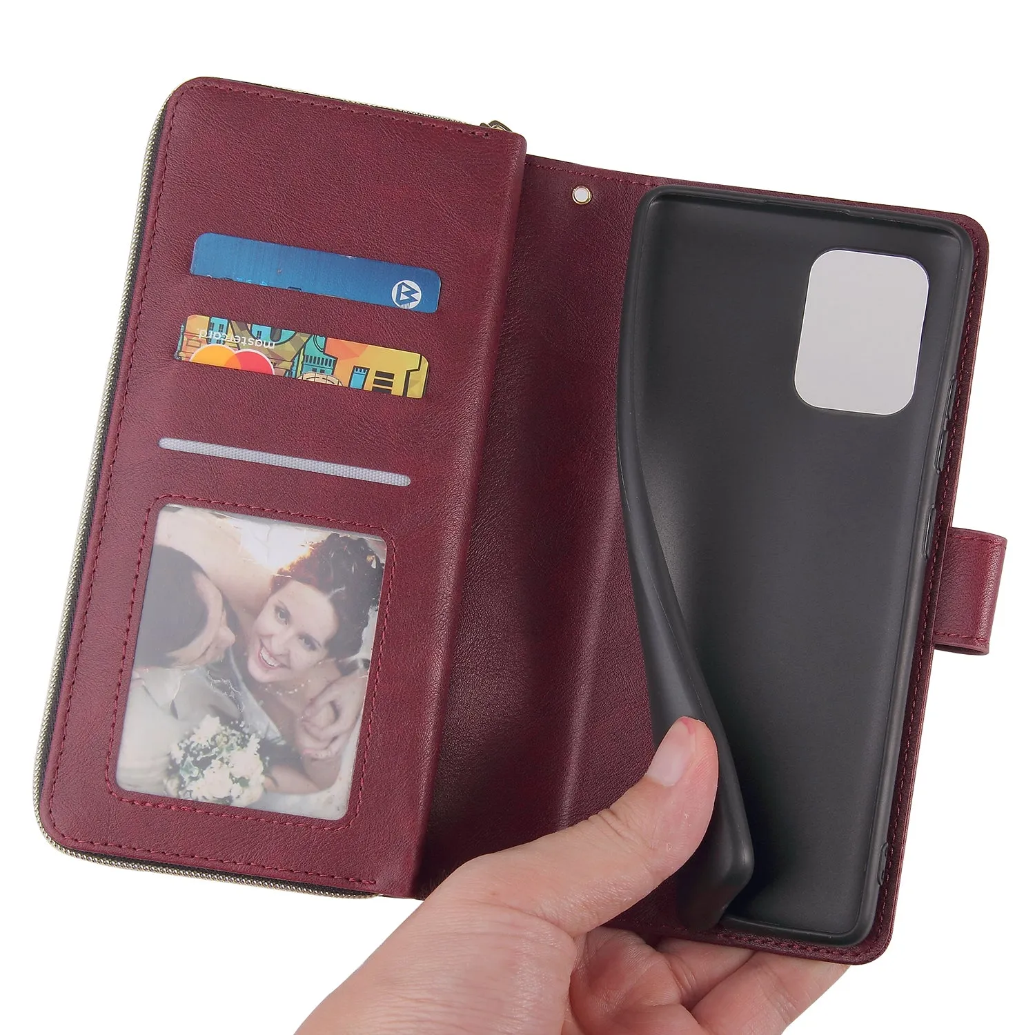 For Samsung S10/S20/S10E/ S10 Plus Pu Leather  Mobile Phone Cover Zipper Card Bag   Wrist Strap Red wine