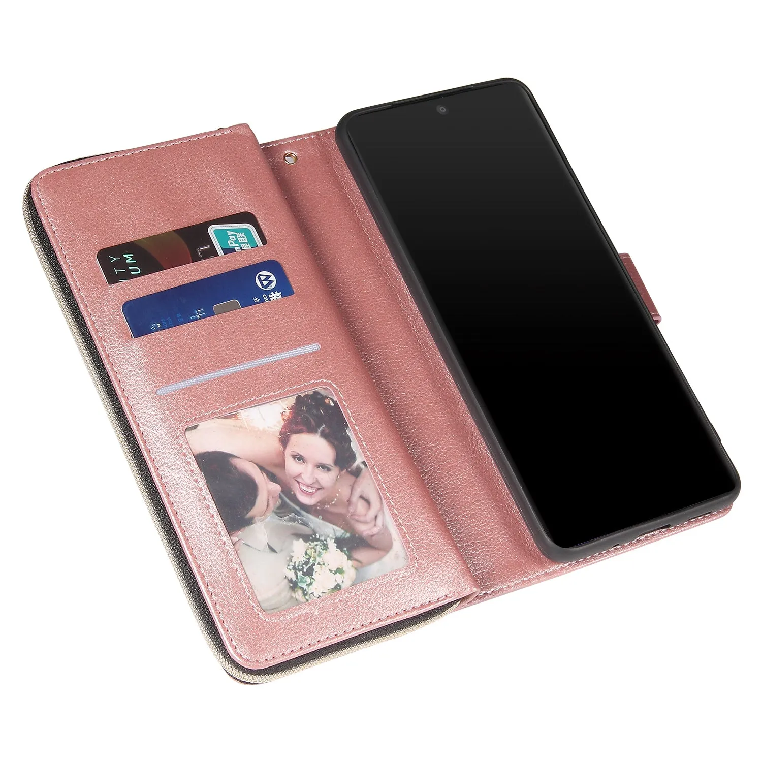 For Samsung S10/S20/S10E/ S10 Plus Pu Leather  Mobile Phone Cover Zipper Card Bag   Wrist Strap Rose gold