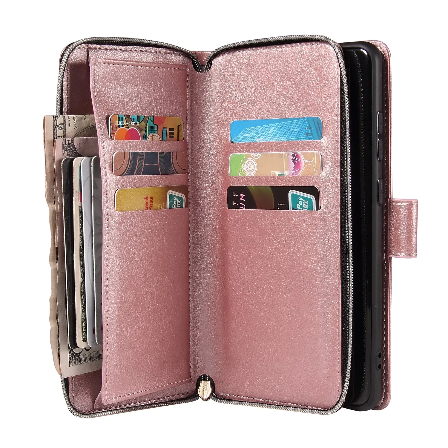 For Samsung S10/S20/S10E/ S10 Plus Pu Leather  Mobile Phone Cover Zipper Card Bag   Wrist Strap Rose gold