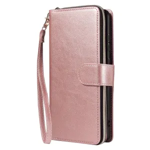 For Samsung S10/S20/S10E/ S10 Plus Pu Leather  Mobile Phone Cover Zipper Card Bag   Wrist Strap Rose gold