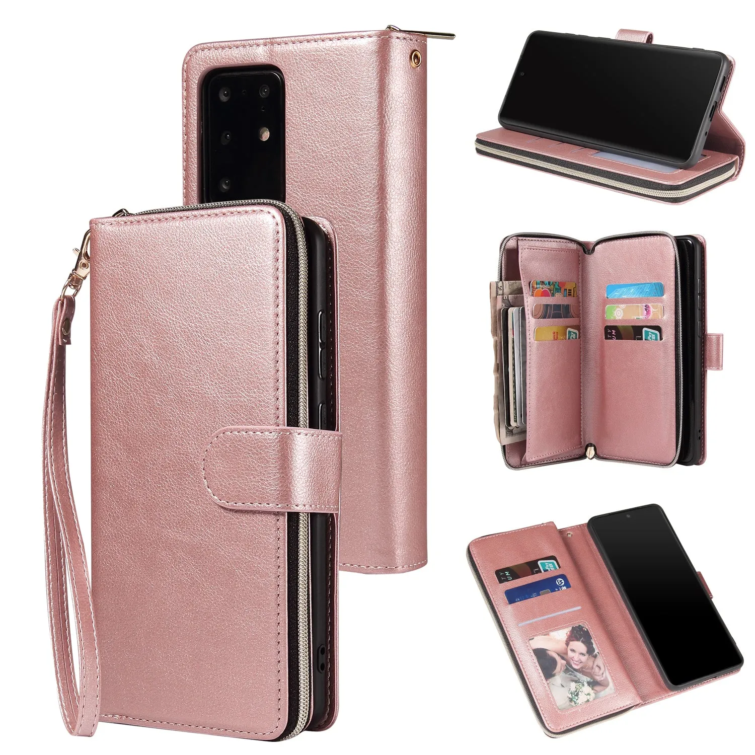 For Samsung S10/S20/S10E/ S10 Plus Pu Leather  Mobile Phone Cover Zipper Card Bag   Wrist Strap Rose gold