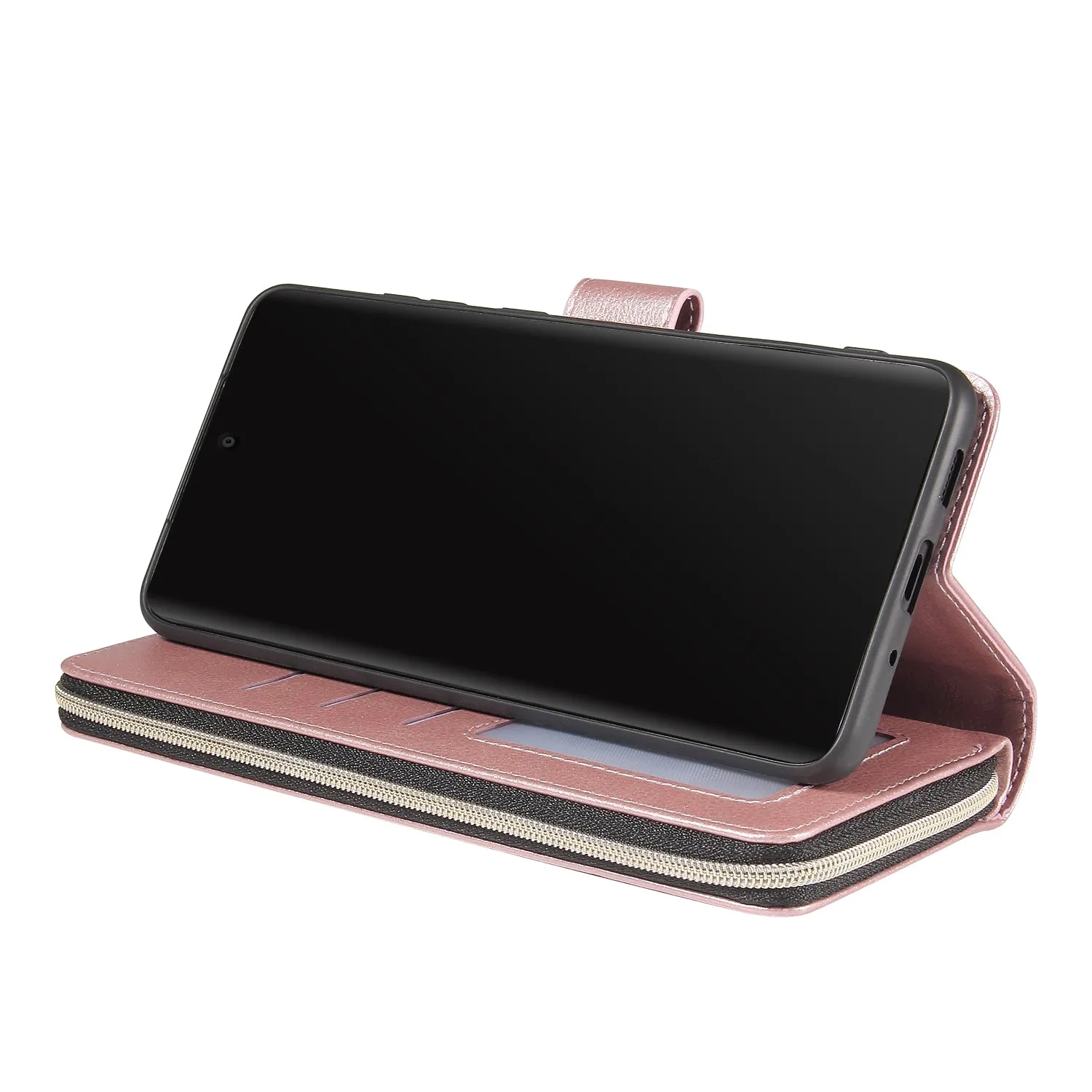 For Samsung S10/S20/S10E/ S10 Plus Pu Leather  Mobile Phone Cover Zipper Card Bag   Wrist Strap Rose gold