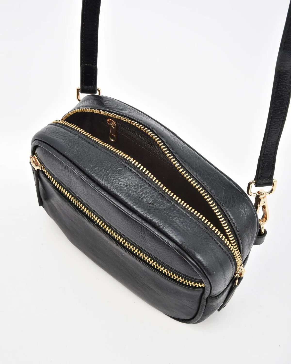 GABEE: AURORA METALLIC LEATHER X/BODY BAG - BLACK
