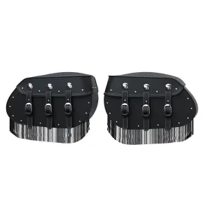 Genuine Leather Quick-Release Saddlebags with Fringe in Black, Pair