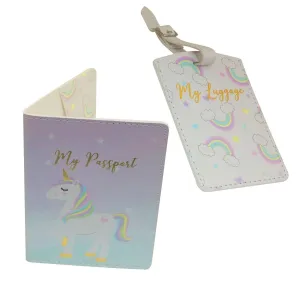 GIRLS UNICORN MAGIC PASSPORT HOLDER & LUGGAGE TAG RAINBOW GLITTER UNICORN