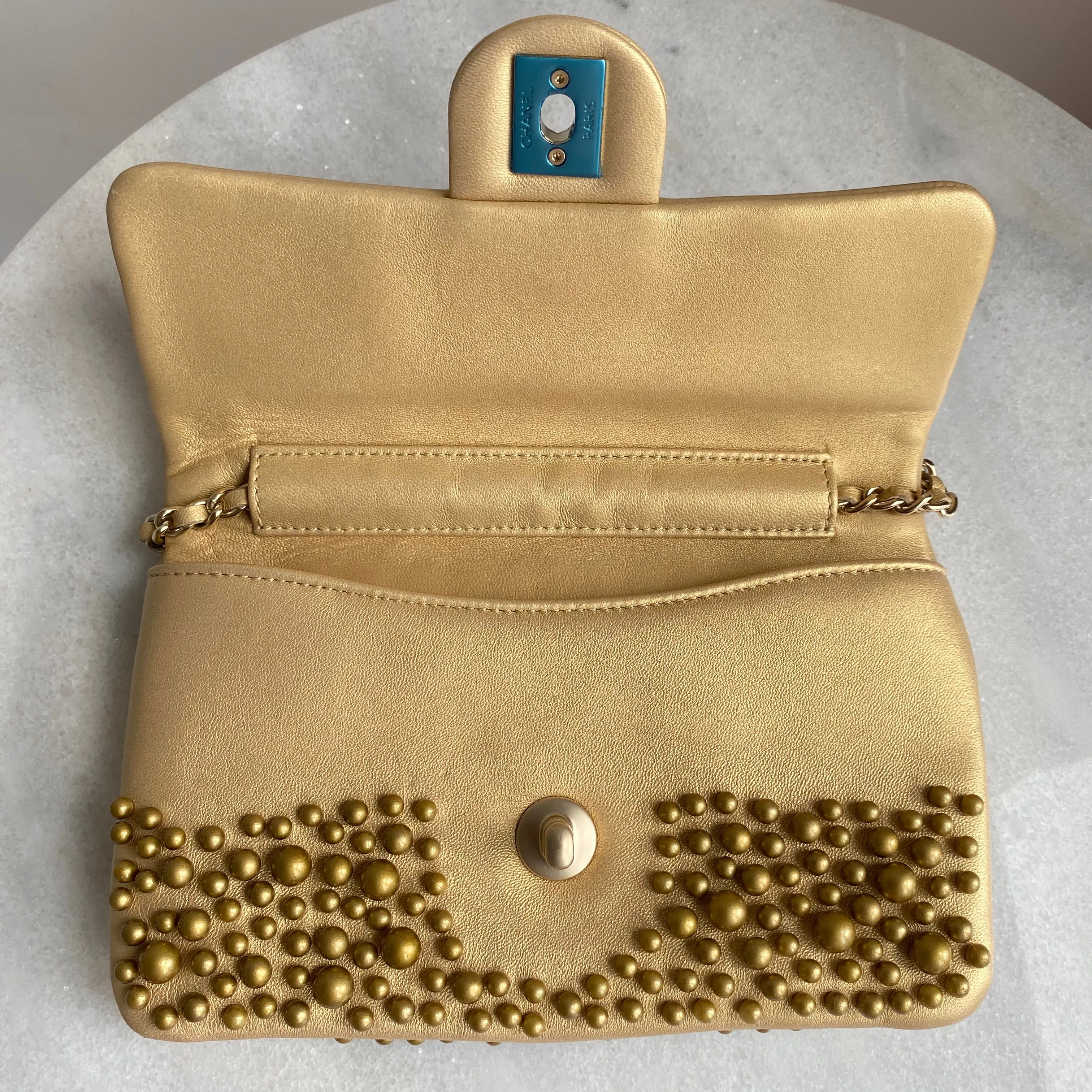 Gold Pearl Lambskin Mini Flap Bag
