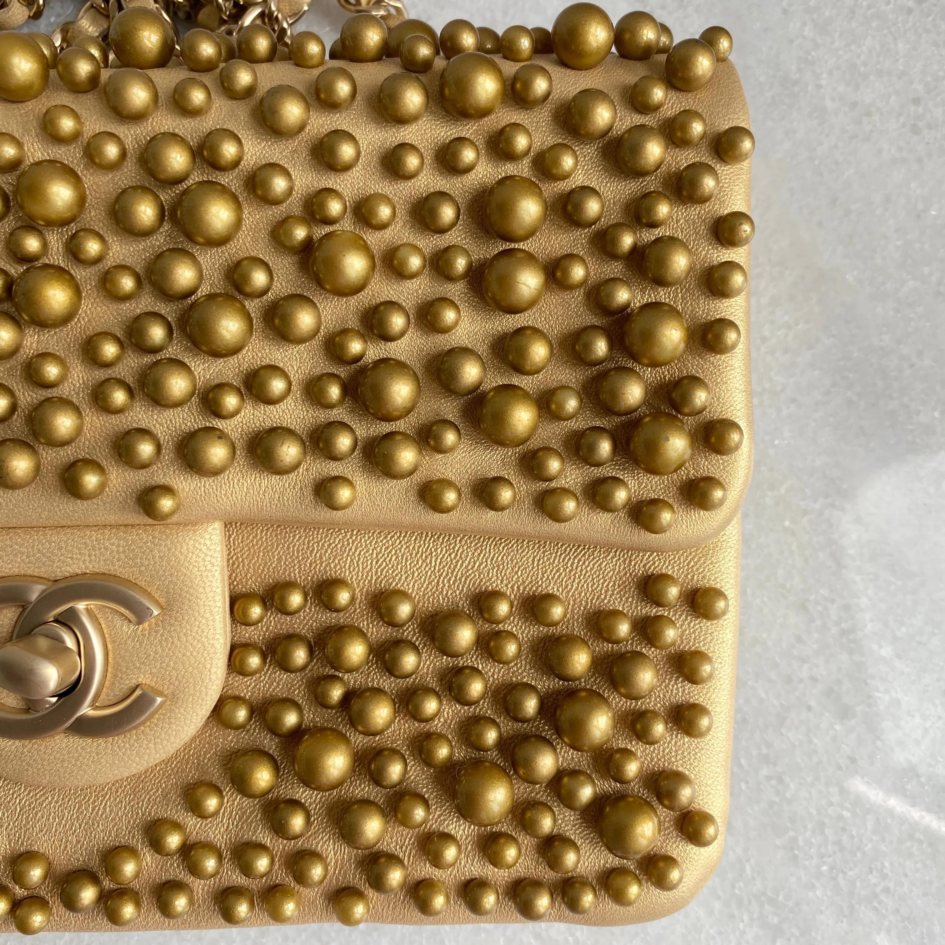 Gold Pearl Lambskin Mini Flap Bag
