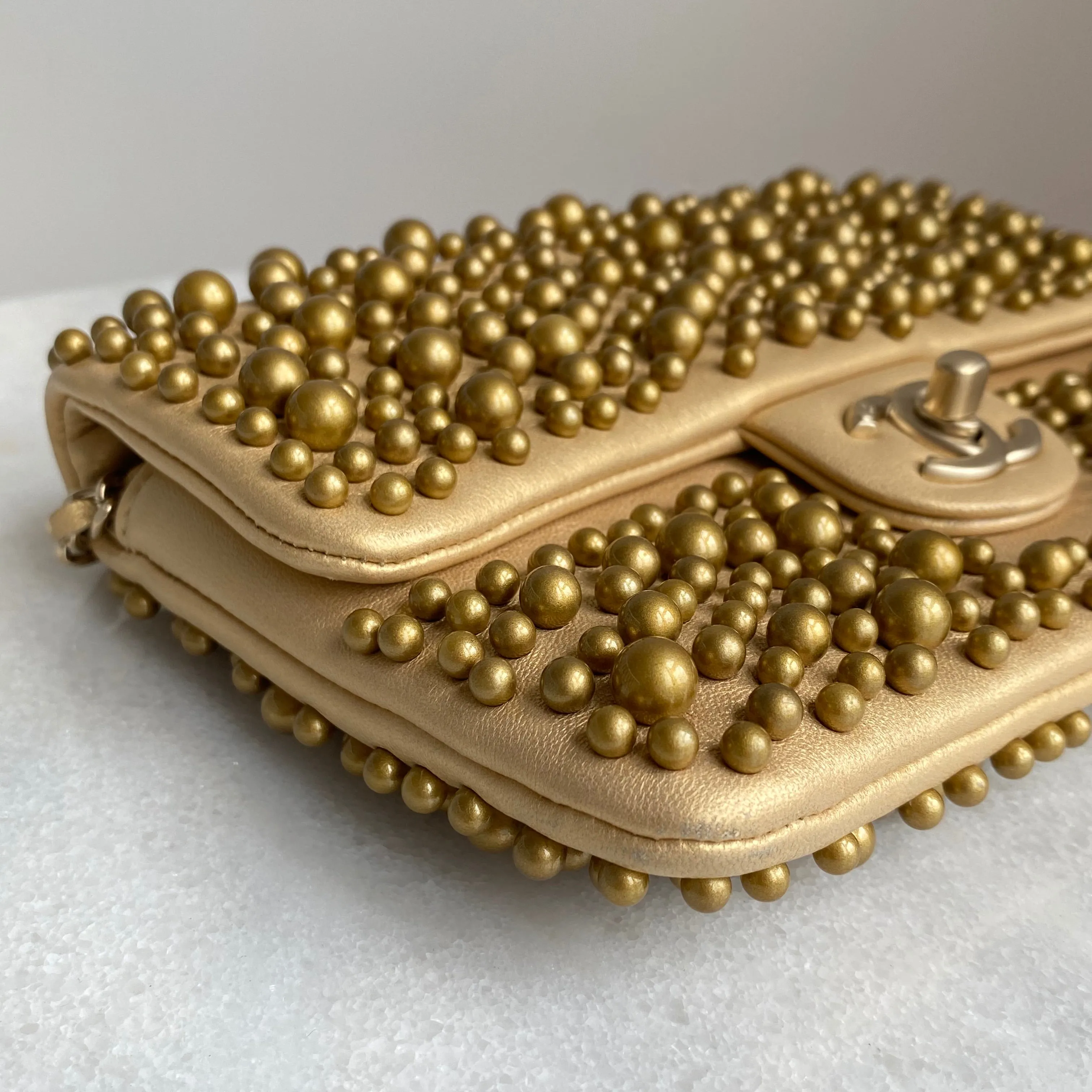 Gold Pearl Lambskin Mini Flap Bag
