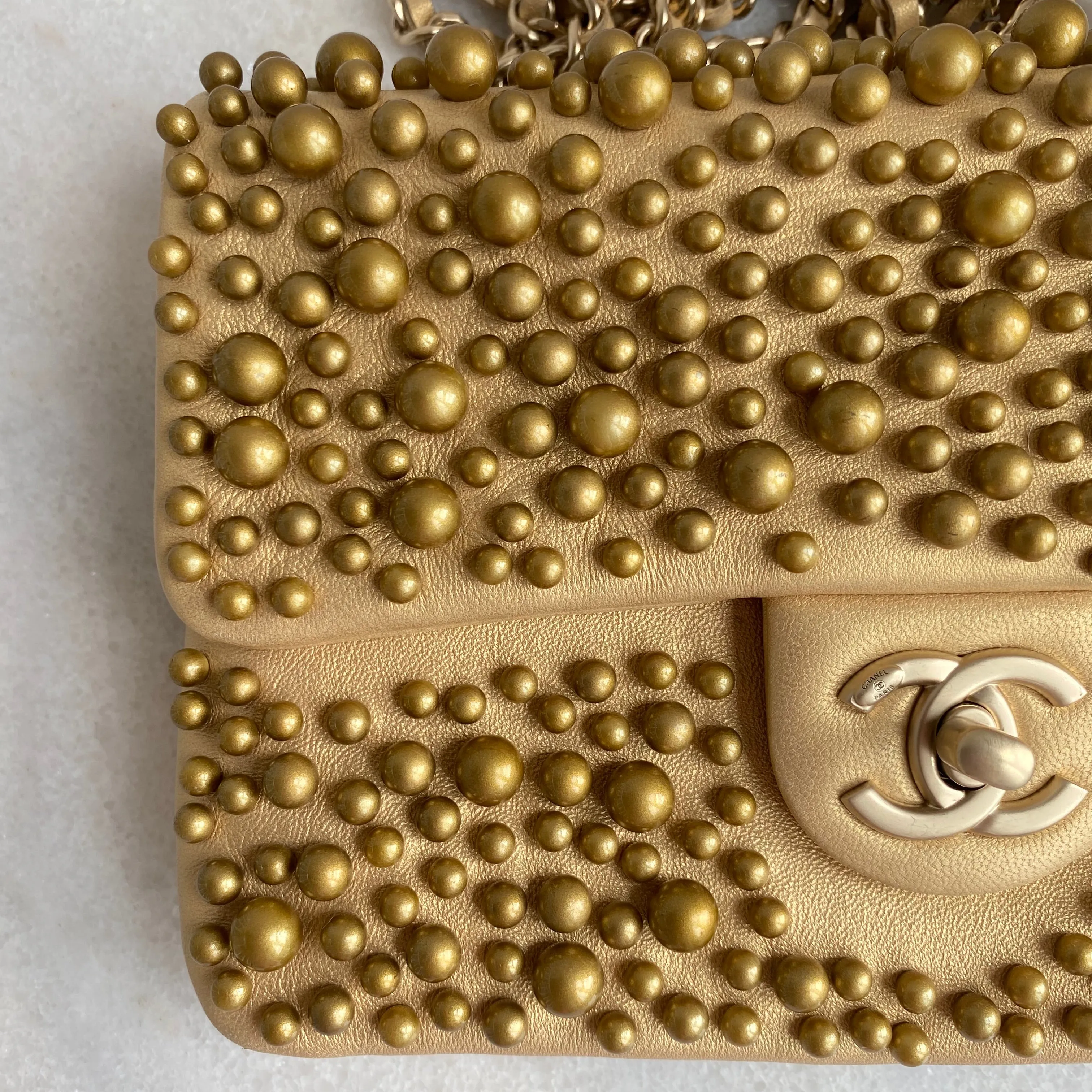 Gold Pearl Lambskin Mini Flap Bag