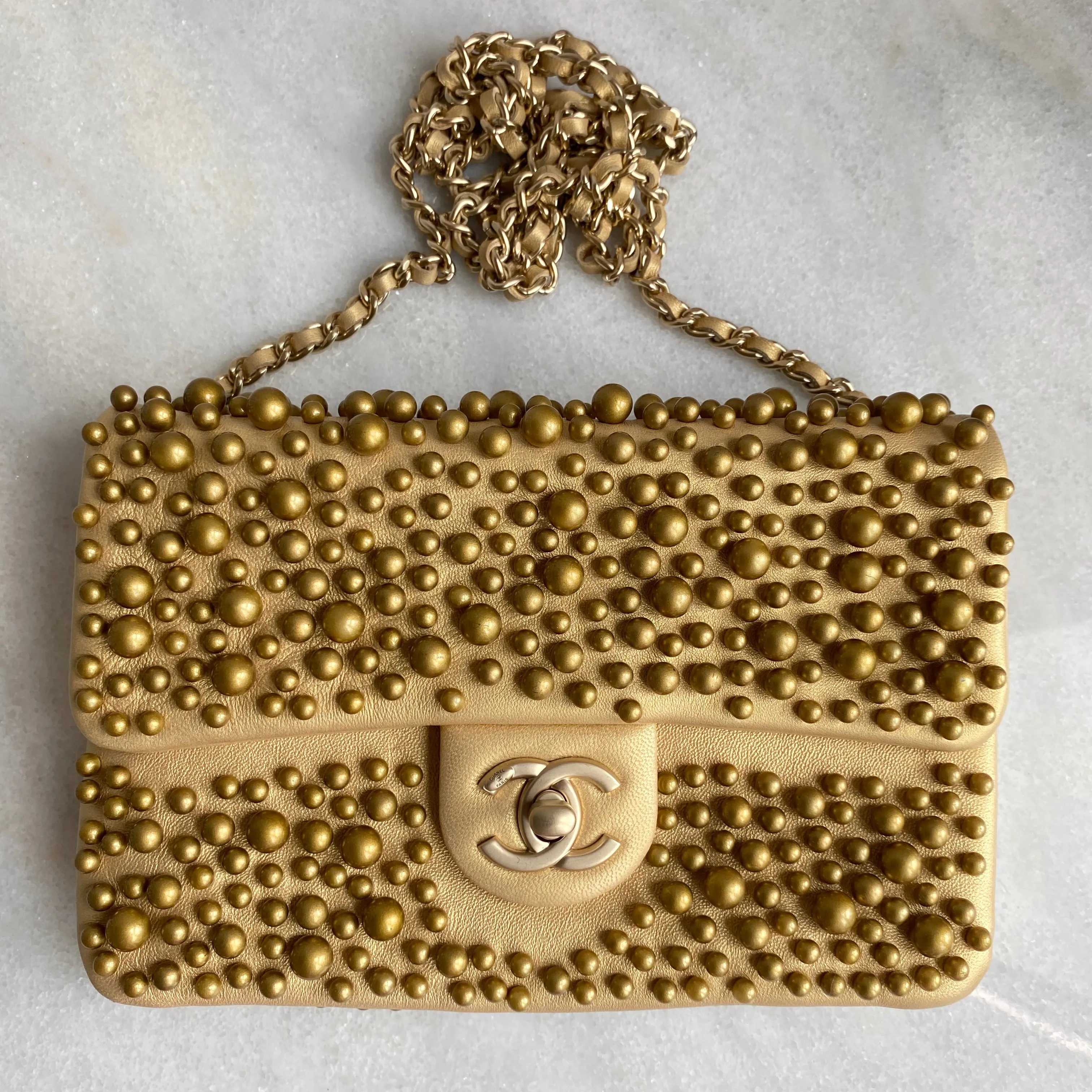Gold Pearl Lambskin Mini Flap Bag