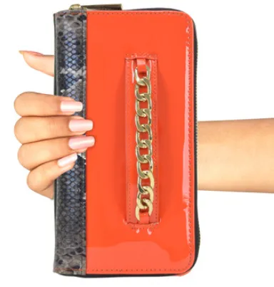 Gold-Tone Chain Faux Leather   Snakeskin Zip Around Wallet