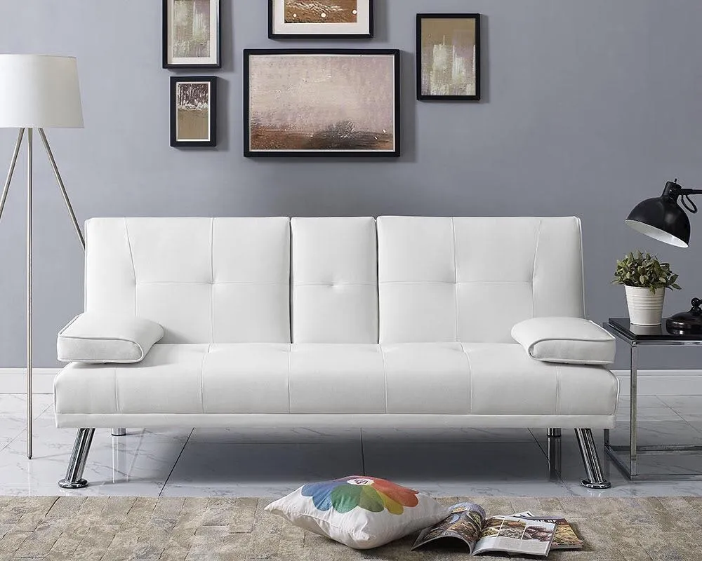 Great Quality Adalisa 66.2" Wide Faux Leather Pillow Top Arm Convertible Sofa with hidden armrest w/2 cup holders! White! Retails $540 